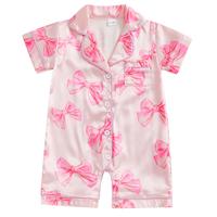 Newborn Baby Girl Bow Silk Pajamas Rompers Button Down Short Sleeve Satin Infant Pjs Satin Sleepwear Jumpsuit Shorts