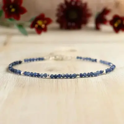 Natural Dainty Blue Sapphire 2mm Tiny Beads blue Crystal Healing Charka Crystal Silver-Plated Chain Minimalist Bracelet Gift ...