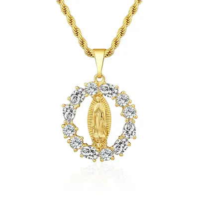 Mytys Virgin Mary Hollow Round Necklace Round Zircon Pendant Sparkling Necklace for Women