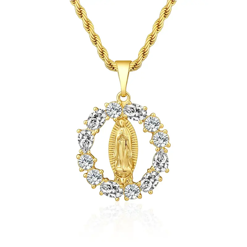 Mytys Virgin Mary Hollow Round Necklace Round Zircon Pendant Sparkling Necklace for Women