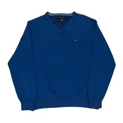 Tommy Hilfiger V-Neck Jumper - Large Blue Cotton