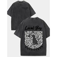 Local Boy Outdoor Pattern Print Washed Cotton Tee Double-sided Printed Round Neck T-shirt Street Trend Men's Tops Pure Cotton...