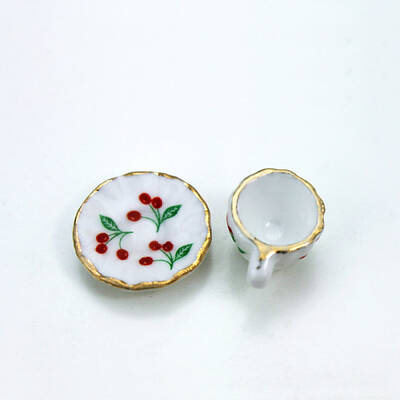 2Pcs Cherry Pattern Mini Porcelain Teacup & Saucer Set