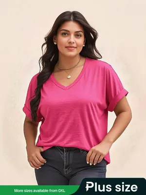 Plus Size Plain V Neck Batwing Sleeve Tee, Casual Everyday Short Sleeve T-shirt for Daily Wear, Women Plus Clothing for All S...