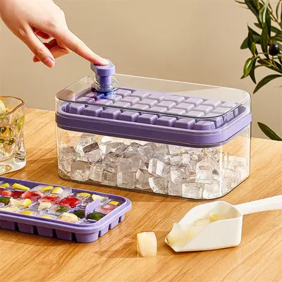 One-button Press Type Ice Mold Box Plastics Ice Cube Maker Ice Tray Mold With Storage Box With Lid Bar Kitchen Accessories | ...