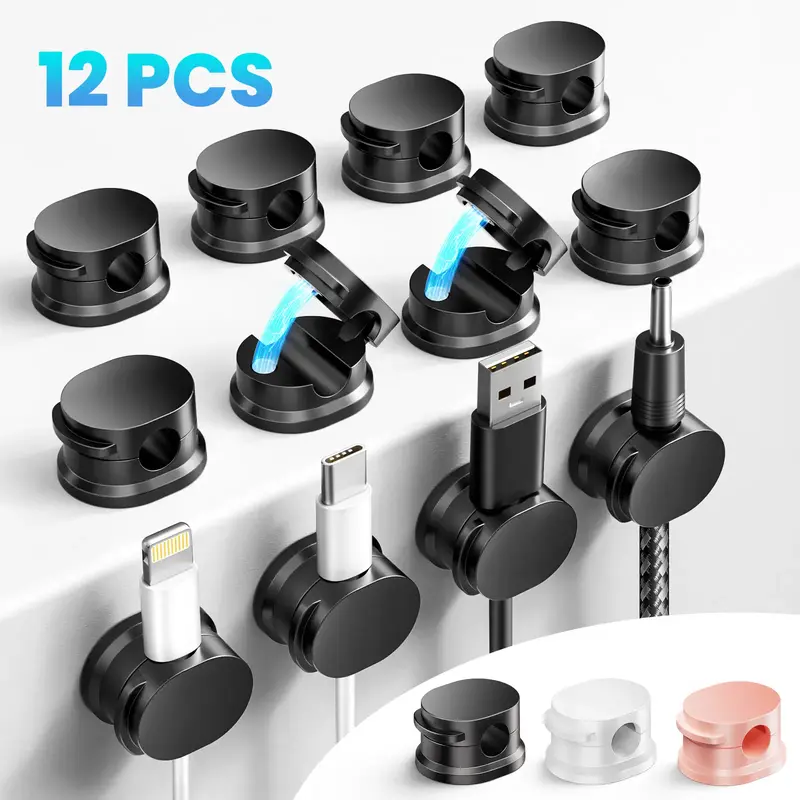 12 Pack Cable Management Holder - Magnetic Cord Organizer Adhesive For Hide or Organize USB Charger Cable on Bedside Tables, ...