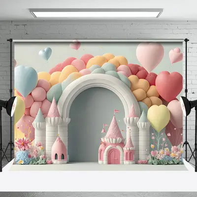 Love Balloon Castle Cake Smash Photography Backdrop - Aperturee