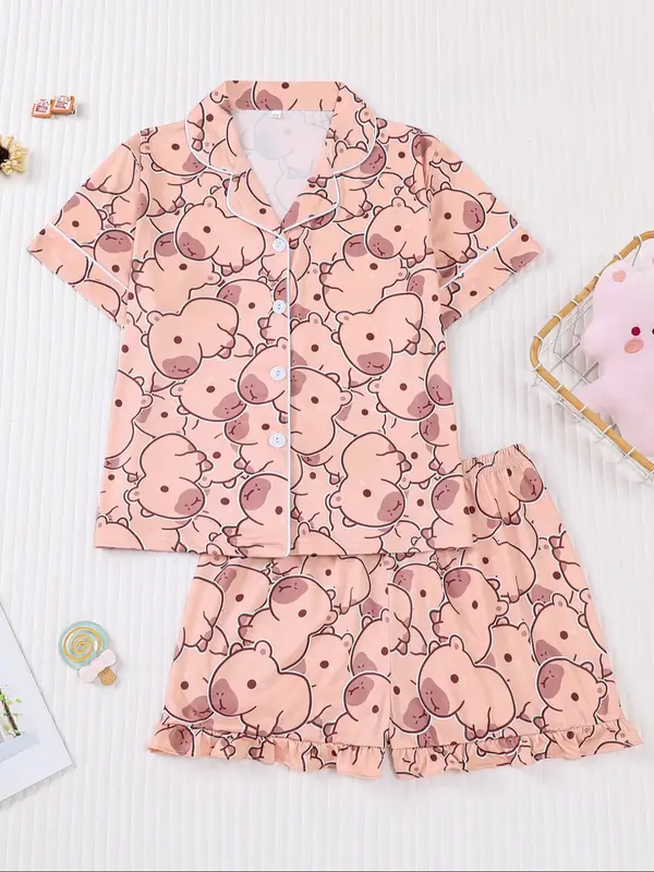 Children's Leisure Pajamas 2 Piece Set, New Flame Retardant Fabric, Casual Comfortable Collarless Cardigan Short Sleeves Elas...