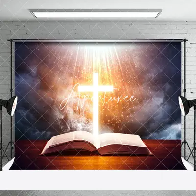 Aperturee Holy Lighted Cross Open Bible Easter Photo Backdrop, 3X2FT(1MX0.6M), 14 USD, easter backdrops, XQHD3X74-M