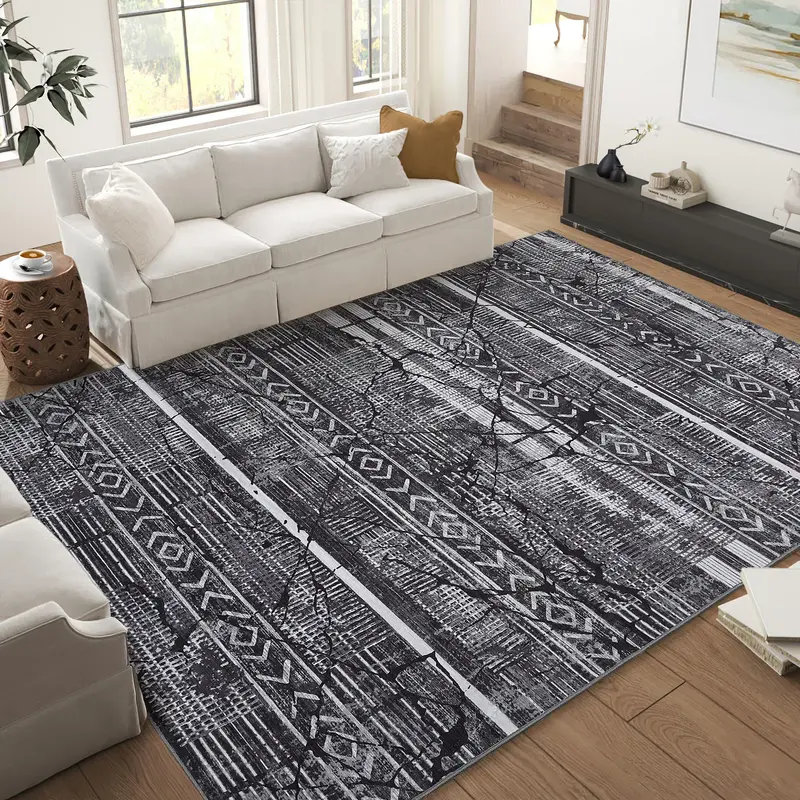Garvee Boho Black-Grey 8x10 Large Living Room Rugs Washable, Geometric Marble Boho Area Rugs for Bedroom Ultra Thin Non-Slip ...