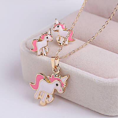 Unicorn Alloy Enamel Pendant Necklaces & Stud Earrings Sets