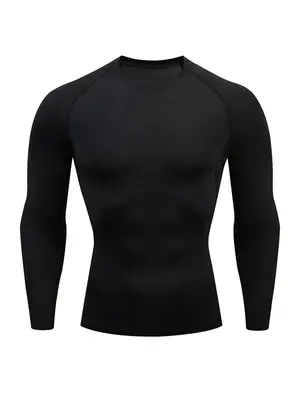 Men's Solid Round Neck Raglan Sleeve Sports Tee, Tight Quick Drying Long Sleeve Crew Neck T-Shirt, Sportswear Clothing for Gy...