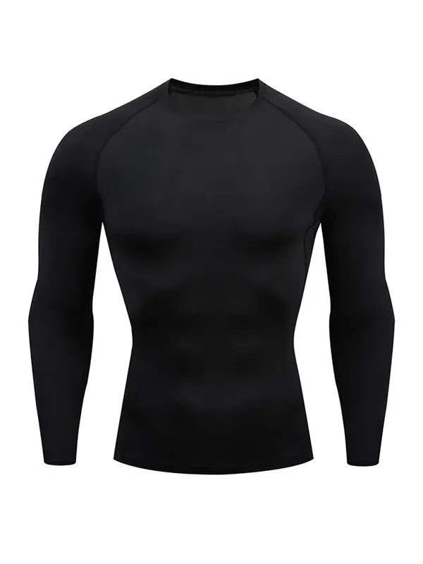 Men's Solid Round Neck Raglan Sleeve Sports Tee, Tight Quick Drying Long Sleeve Crew Neck T-Shirt, Sportswear Clothing for Gy...