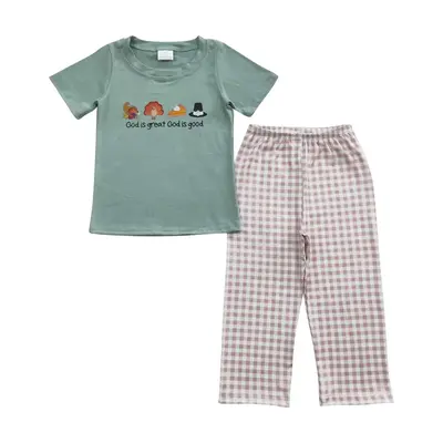 BSPO0163--Thanksgiving god is great Vinyl Turkey green  plaid boy sets