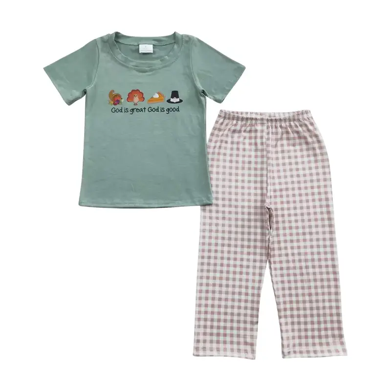 BSPO0163--Thanksgiving god is great Vinyl Turkey green  plaid boy sets