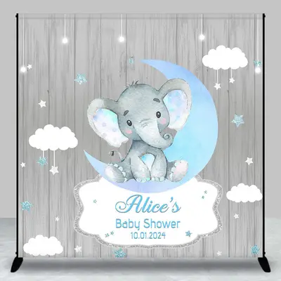 Grey Wood Elephant Moon Custom Baby Shower Backdrop - Aperturee