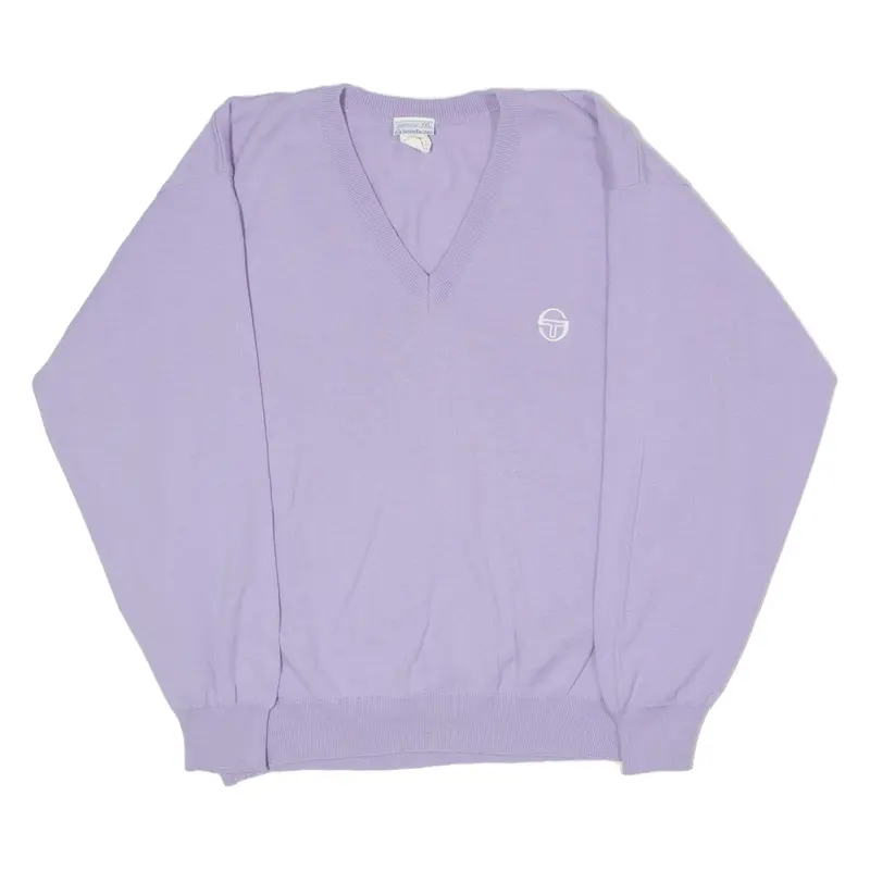 Vintage SERGIO TACCHINI Mens Jumper Purple V-Neck 90s Tight Knit Wool 2XL