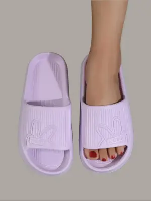 Women's Summer 2024 Cute Solid Color Cartoon Rabbit Letter Pattern Slippers, Non-slip Soft Slippers For Home Wear, Wide Band...