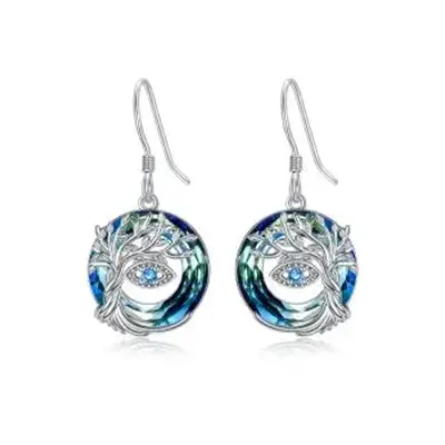 Sterling Silver Crystal Tree Of Life & Evil Eye Drop Earrings