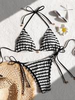 Women's Striped Print Bikini Set, Casual Halter Neck Tie Back Swim Top & Swim Bottom, Ladies Swimsuit for Beach Holiday Vacat...