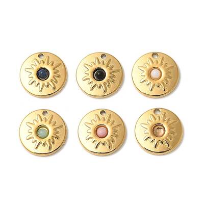 304 Stainless Steel Pave Natural Mixed Stone Flat Round Charms