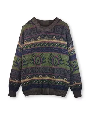 Women's Ethnic Pattern Drop Shoulder Sweater, Boho Geometric Pattern Long Sleeve Round Neck Jumper for Fall, Back To School O...