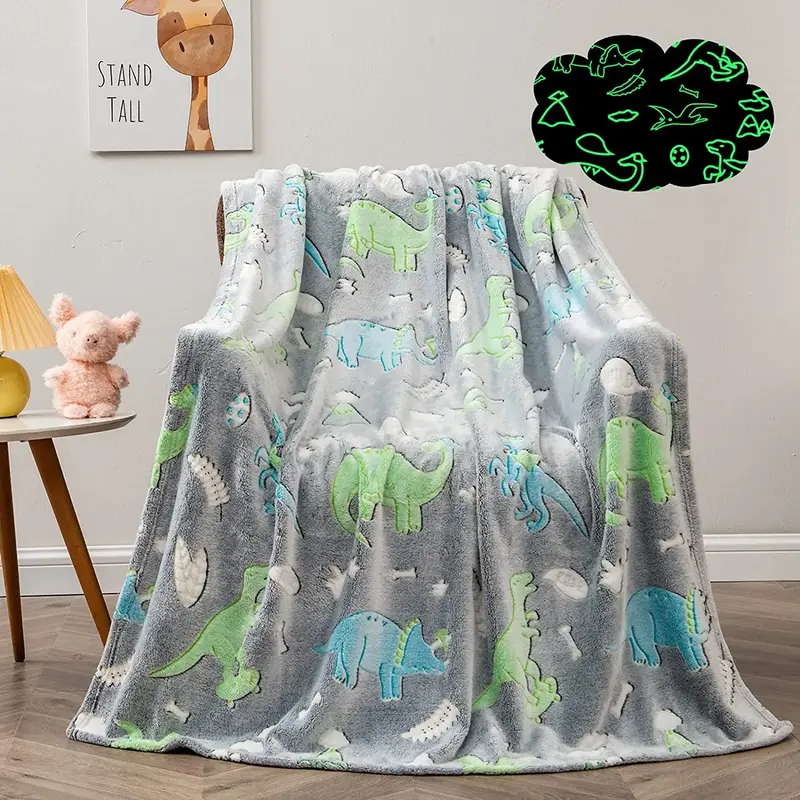 Dinosaur Print Flannel Blanket, 1 Count Soft Comfortable Bed Blanket, Glow-in-the-dark Warm Throw for Home Office Travel, All...
