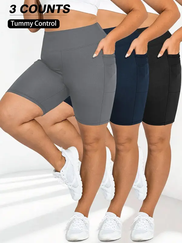 【Plus Size】 Solid Pocket High Waist Short Leggings, Casual Comfy Breathable Skinny Shorts for Daily Wear, Women's Bottoms...