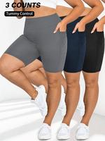 【Plus Size】 Solid Pocket High Waist Shorts, Casual Comfy Breathable Skinny Bottom for Daily Exercise Wear, Workout Clothe...
