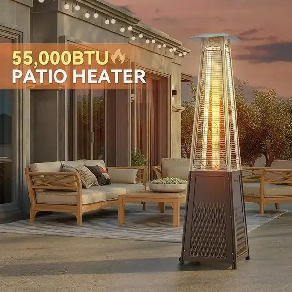 55,000 BTU Outdoor Patio Heater with Wheels and Cover, Glass Tube Propane Pyramid Heater, Anti-Tilt Safety Device, Outdoor He...