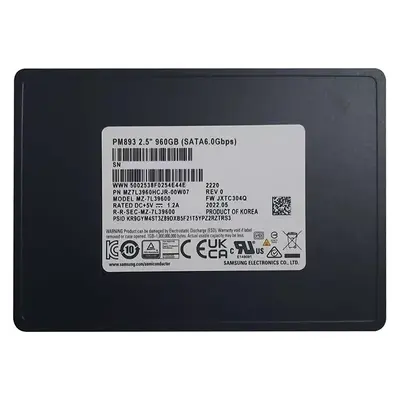 MZ7L3960HCJR-00W07 Samsung Enterprise PM893 Series 960GB Triple-Level Cell  SATA 6GB/s V-NAND 7mm 2.5-inch Solid State Drive
