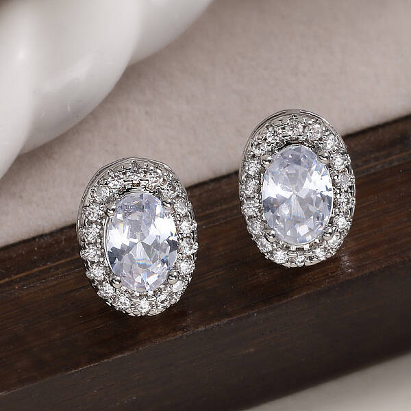 Brass Micro Pave Clear Cubic Zirconia Stud Earrings