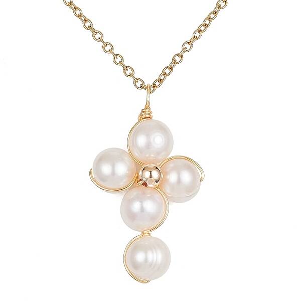 Grade A Natural Pearl Beaded Cross Pendant Necklace for Women