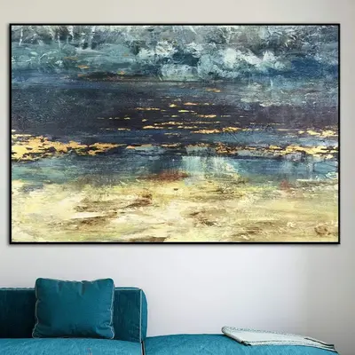 Seascape art original wall painting: marine blue-gold leaf oil painting on canvas in custom size and frame for nautical style...