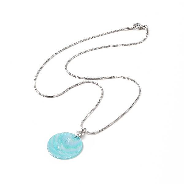 Natural Shell Flat Round Pendant Necklace with Round Snake Chains