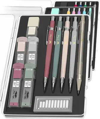 Mechanical Pencil Set with Leads and Eraser Refills, 5 Sizes - 0.3, 0.5, 0.7, 0.9 and 2 Millimeters, Sketching Pencils, Draft...