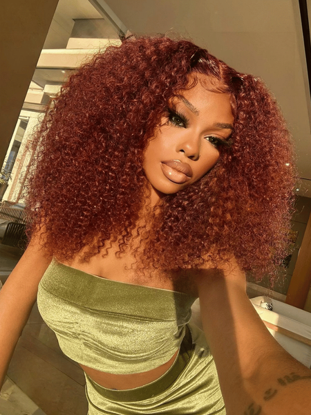 Bye Bye Knots 7x5 Pre Cut Glueless Lace Reddish Brown Kinky Curly Bleached Knots Wig