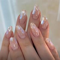 Glossy Sweet Fish Scal Sequins Fake Nails With Jelly Glue & Rubbing Strip, 24pcs Artificial Full Covers Nail Art Kit, Ma...
