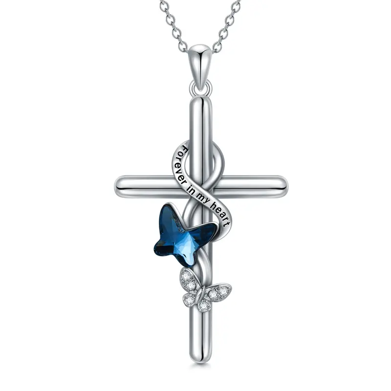 Sterling Silver Crystal Butterfly & Cross Pendant Necklace