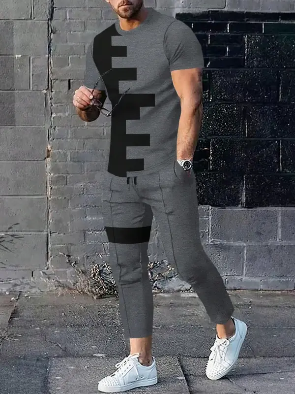 Two Counts Men's Patchwork Colorblock Print Pocket Pants Set, Casual Short Sleeve Tee & Drawstring Waist Pants, Men's 2 Pi...