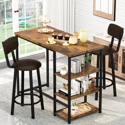 DKLGG Bar Dining Table Set for 2 with 3 Storage Shelves, Modern Bar Table and Chairs Set with 2 PU Leather Widen Backrest Cha...