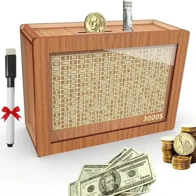 Wooden Piggy Bank with Erasable Acrylic Panel, 1 Count Reusable Money Saving Box with Pen, Money Saving Habit Development Too...