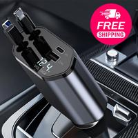 Retractable Car Charger, 4 in 1 Super Fast Charging Car Charger Max 100W, Retractable Cable and 2 USB Ports Car Charger Adapt...