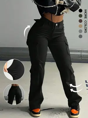 Women's Plain Drawstring High Waist Cargo Pants, Y2K Kpop Style Streetwear Pocket Design Trousers For Daily Wear, Ladies Fal...