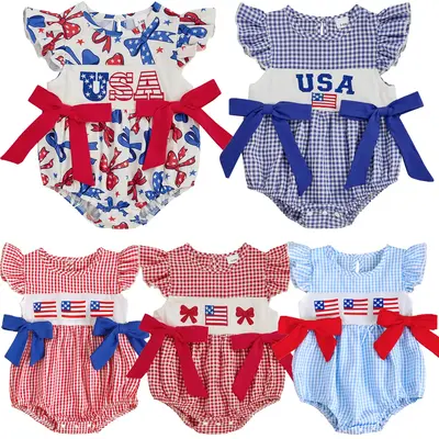 4th of July Baby Girls Rompers Independence Day Clothes USA Flag Letter Embroidery Plaid Fly Sleeve Summer Bodysuits Jumpsuit...