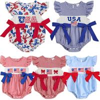 4th of July Baby Girls Rompers Independence Day Clothes USA Flag Letter Embroidery Plaid Fly Sleeve Summer Bodysuits Jumpsuit...