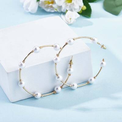 Shell Pearl Beaded Big Circle Stud Earrings