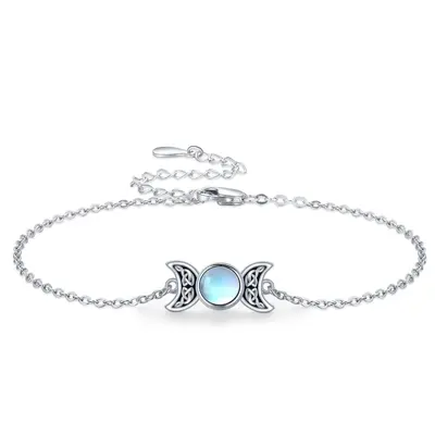 Sterling Silver Round Moonstone Celtic Knot & Triple Moon Goddess Charm Bracelet