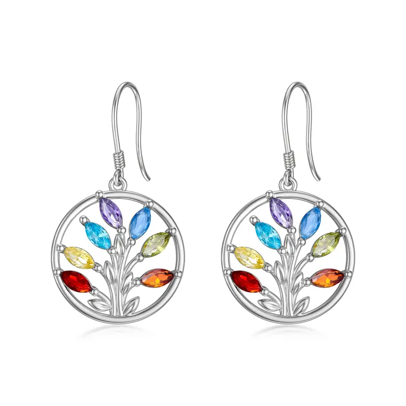 Sterling Silver Marquise Shaped Cubic Zirconia Tree Of Life Drop Earrings