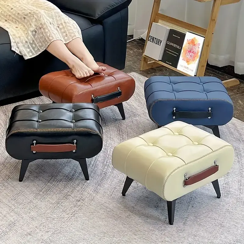 High quality oil wax leather low footstool/soft cushion footstool, fashionable multifunctional sofa edge stool and shoe chang...